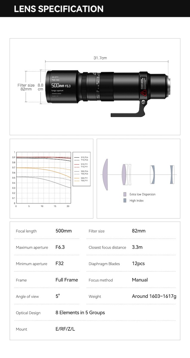 TTArtisan 500mm F6.3 Full Frame Camera Lens Telephoto Lens Wildlife Photography for Sony E - Mount - Resmi