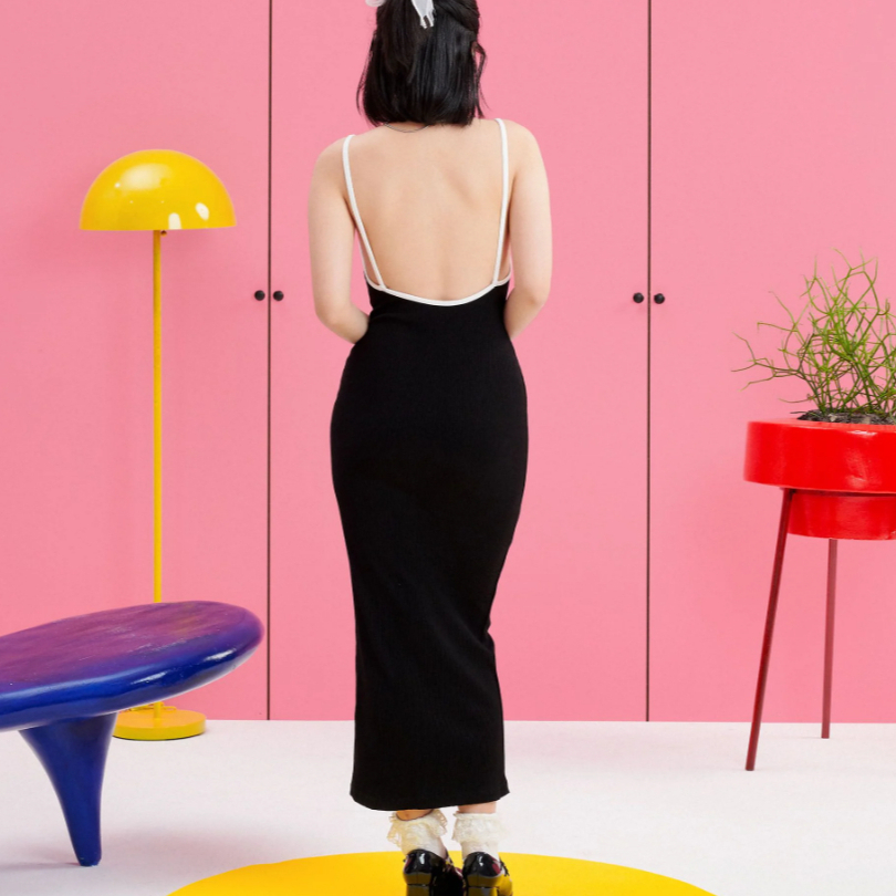 Backless two-strap midi dress Black - dottie