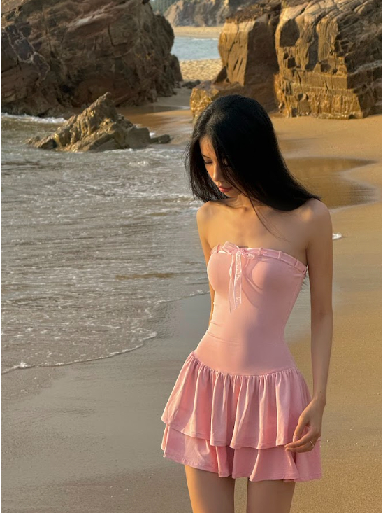 Rosy Bow Layered Dress - WABISABI.