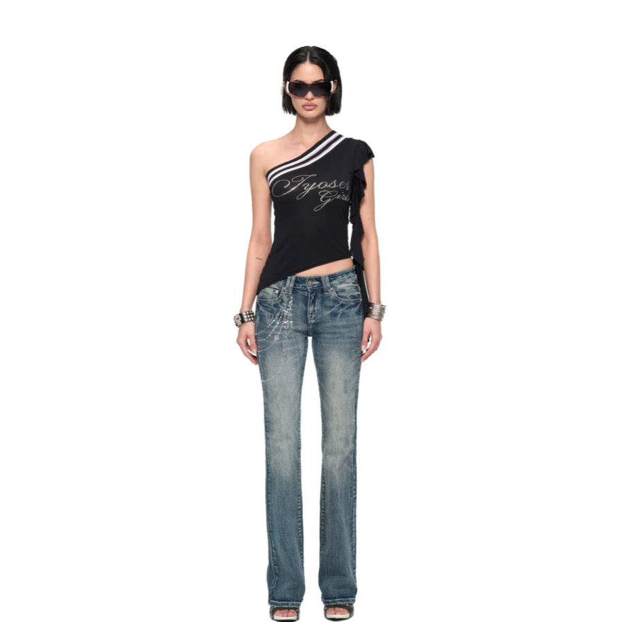 Midnight Ribbed One-Shoulder Top - Jyosei