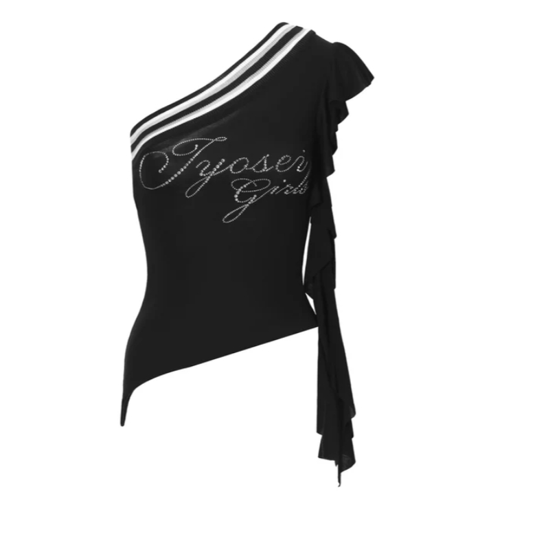 Midnight Ribbed One-Shoulder Top - Jyosei