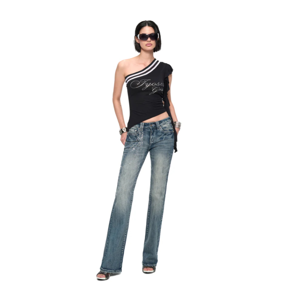 Midnight Ribbed One-Shoulder Top - Jyosei