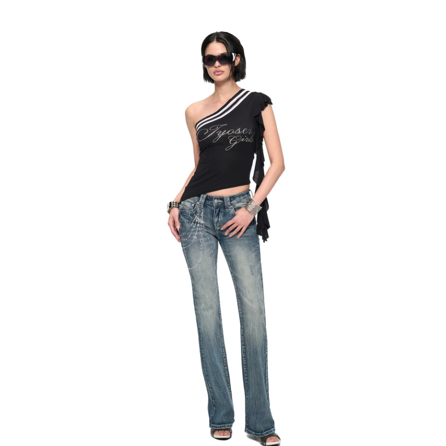 Midnight Ribbed One-Shoulder Top - Jyosei