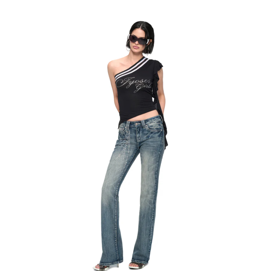 Midnight Ribbed One-Shoulder Top - Jyosei
