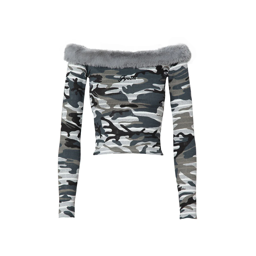 Camo Fluff Trim Top - Jyosei
