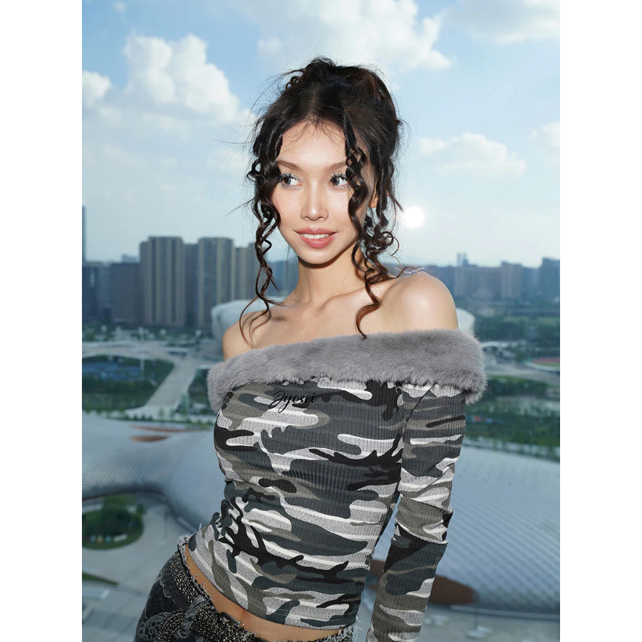 Camo Fluff Trim Top - Jyosei