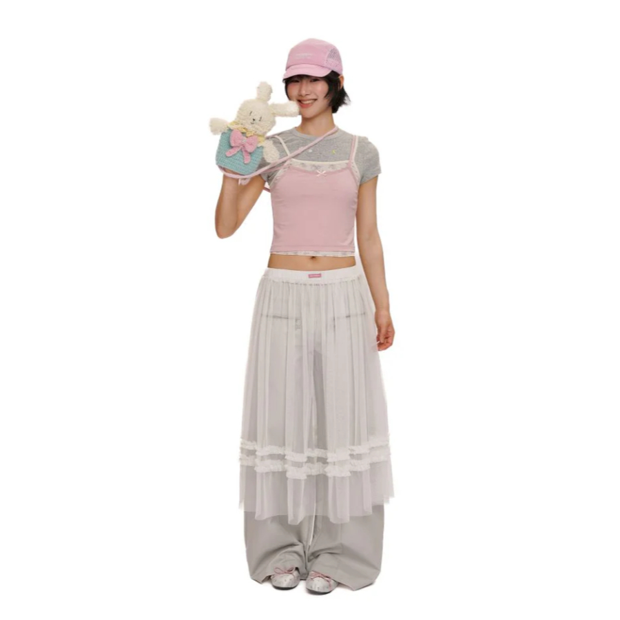 Lace satin bow short-sleeved T-shirt pink - Moromoro