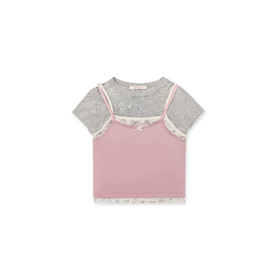 Lace satin bow short-sleeved T-shirt pink - Moromoro