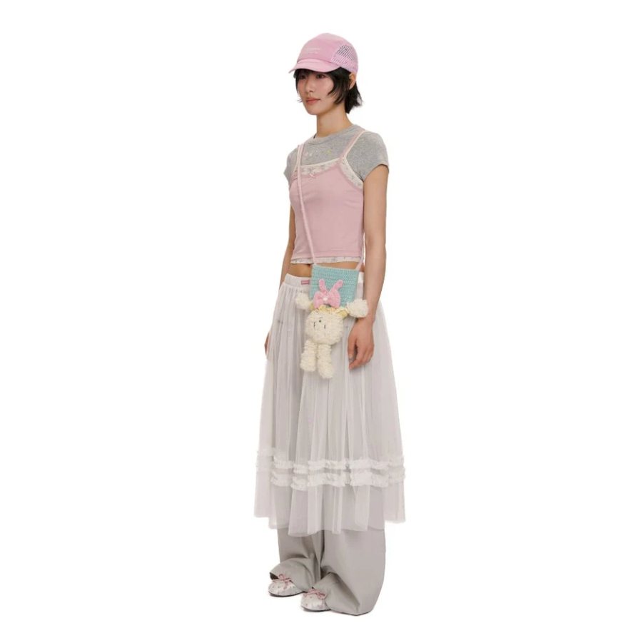 Lace satin bow short-sleeved T-shirt pink - Moromoro