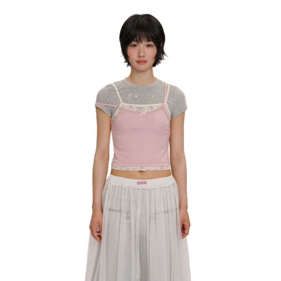 Lace satin bow short-sleeved T-shirt pink - Moromoro