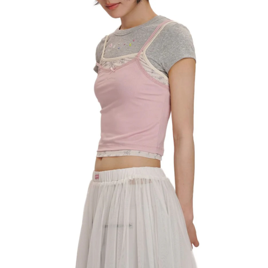 Lace satin bow short-sleeved T-shirt pink - Moromoro