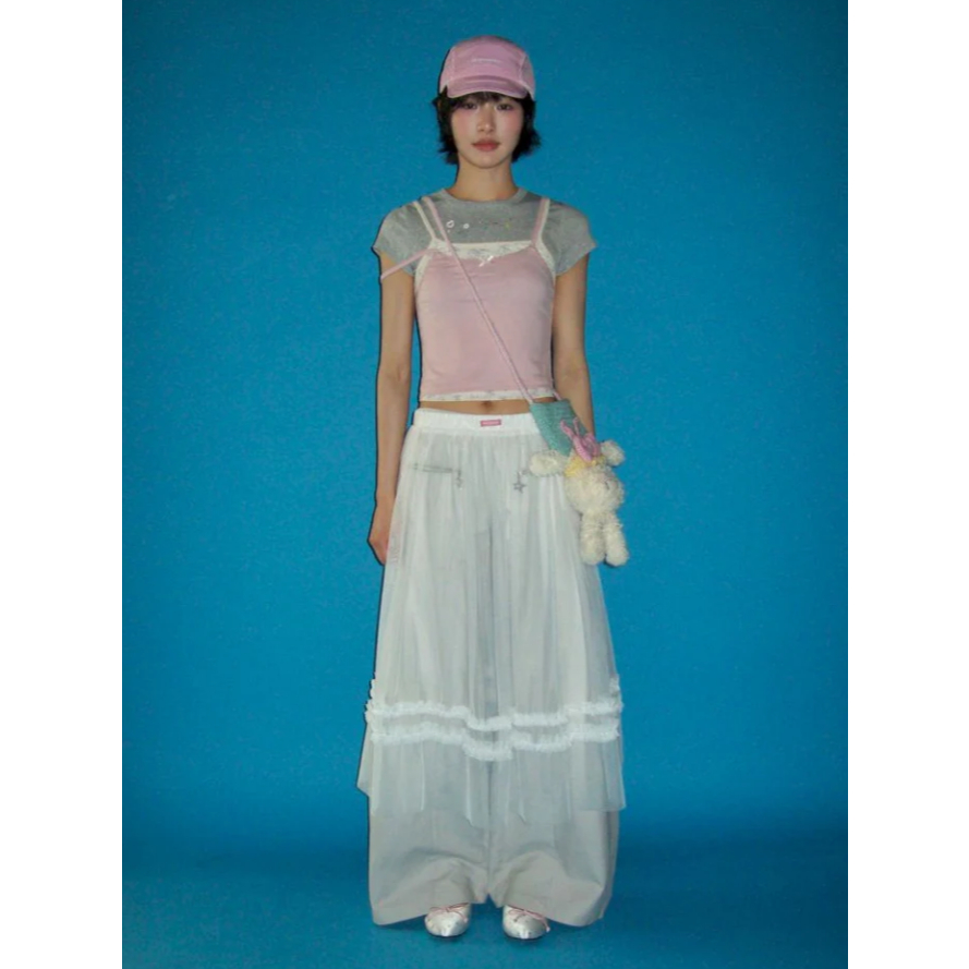 Lace satin bow short-sleeved T-shirt pink - Moromoro