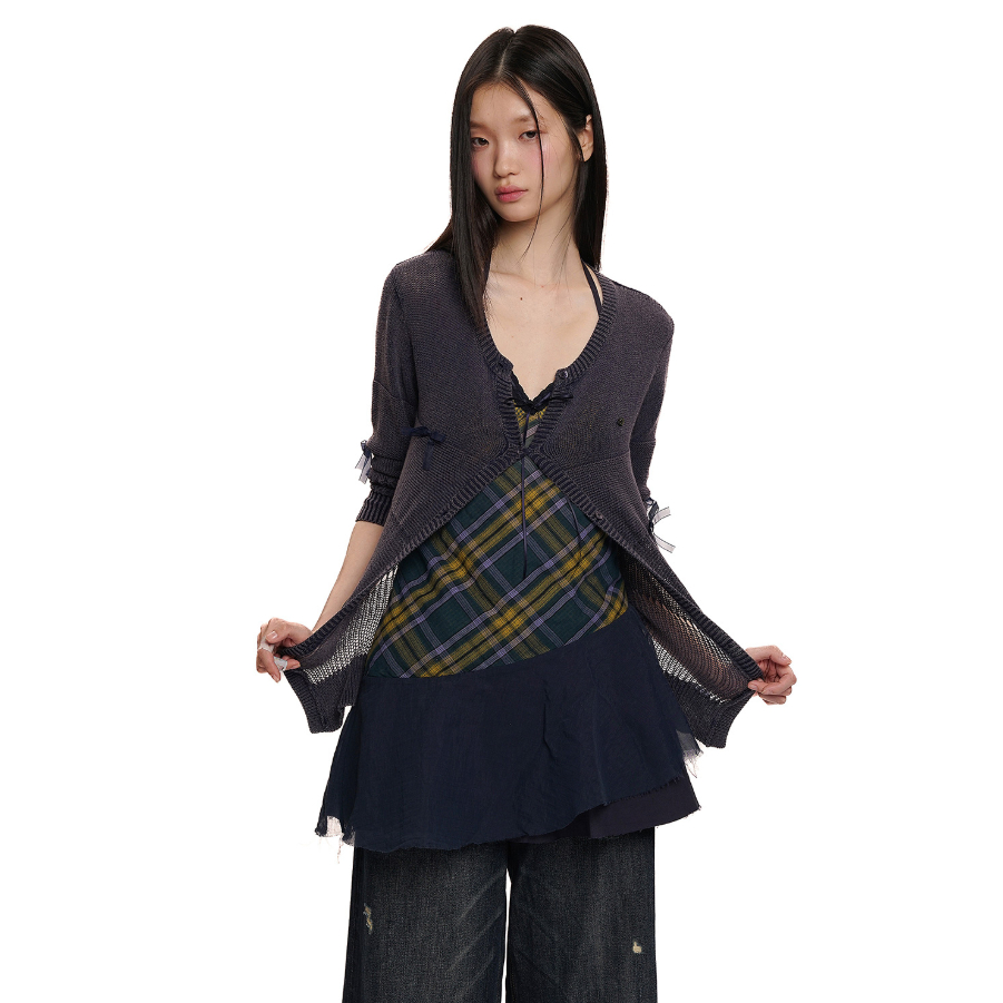 Ribbon Detail V-Neck Sheer Cardigan - Moromoro