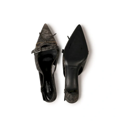 Image of Bow poited hight sandal shoes dark grey - Moromoro