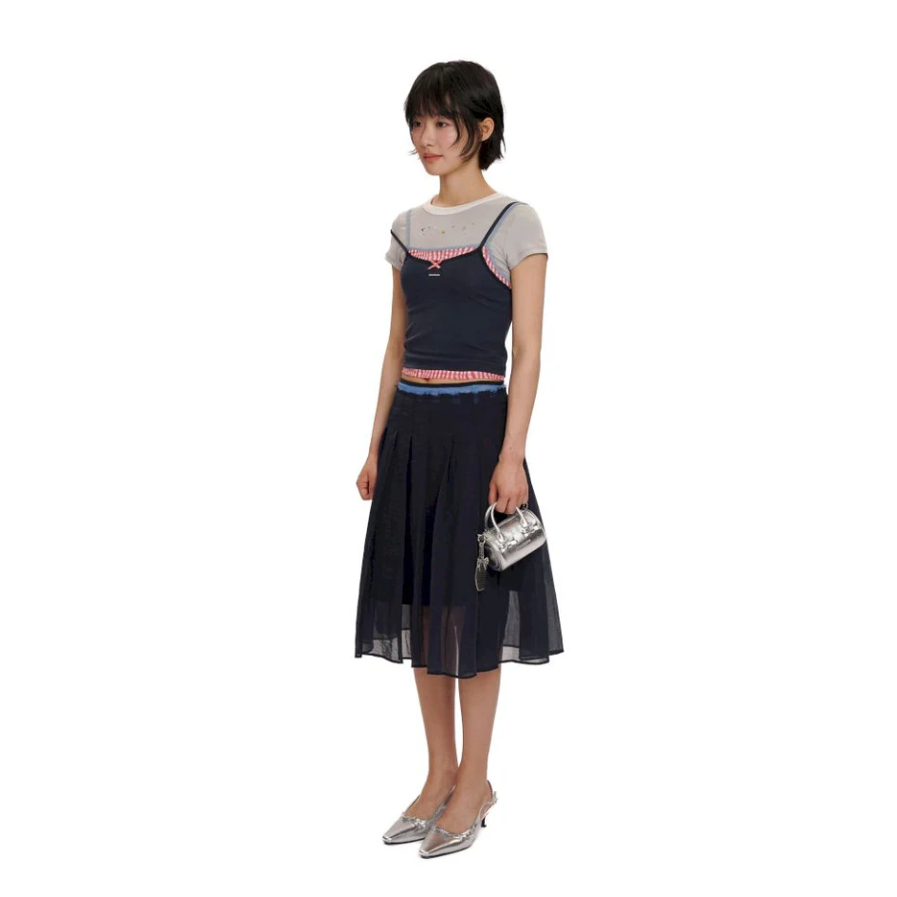 Lace satin bow short-sleeved T-shirt navy - Moromoro