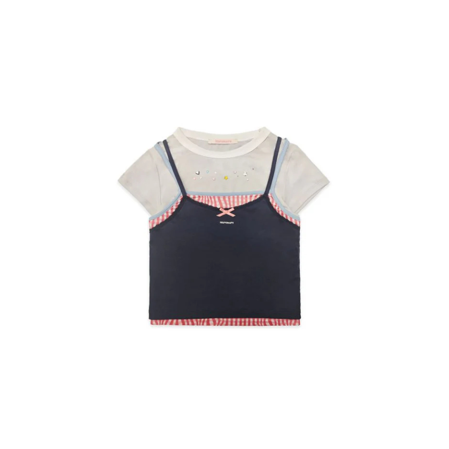 Lace satin bow short-sleeved T-shirt navy - Moromoro
