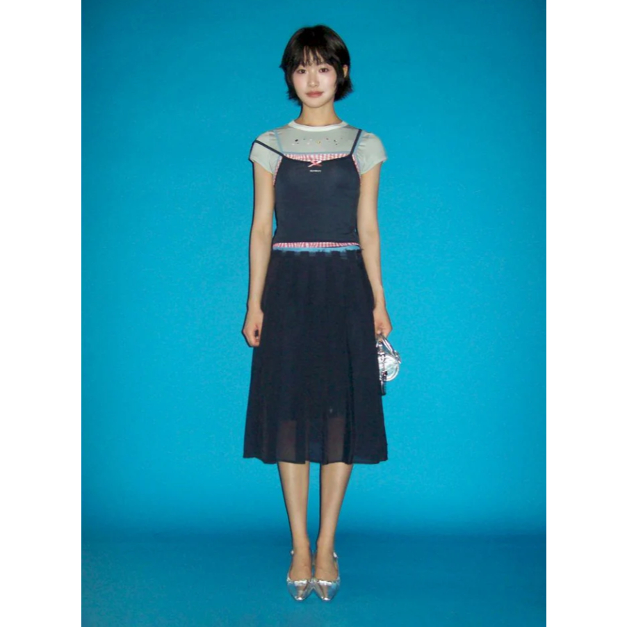 Lace satin bow short-sleeved T-shirt navy - Moromoro