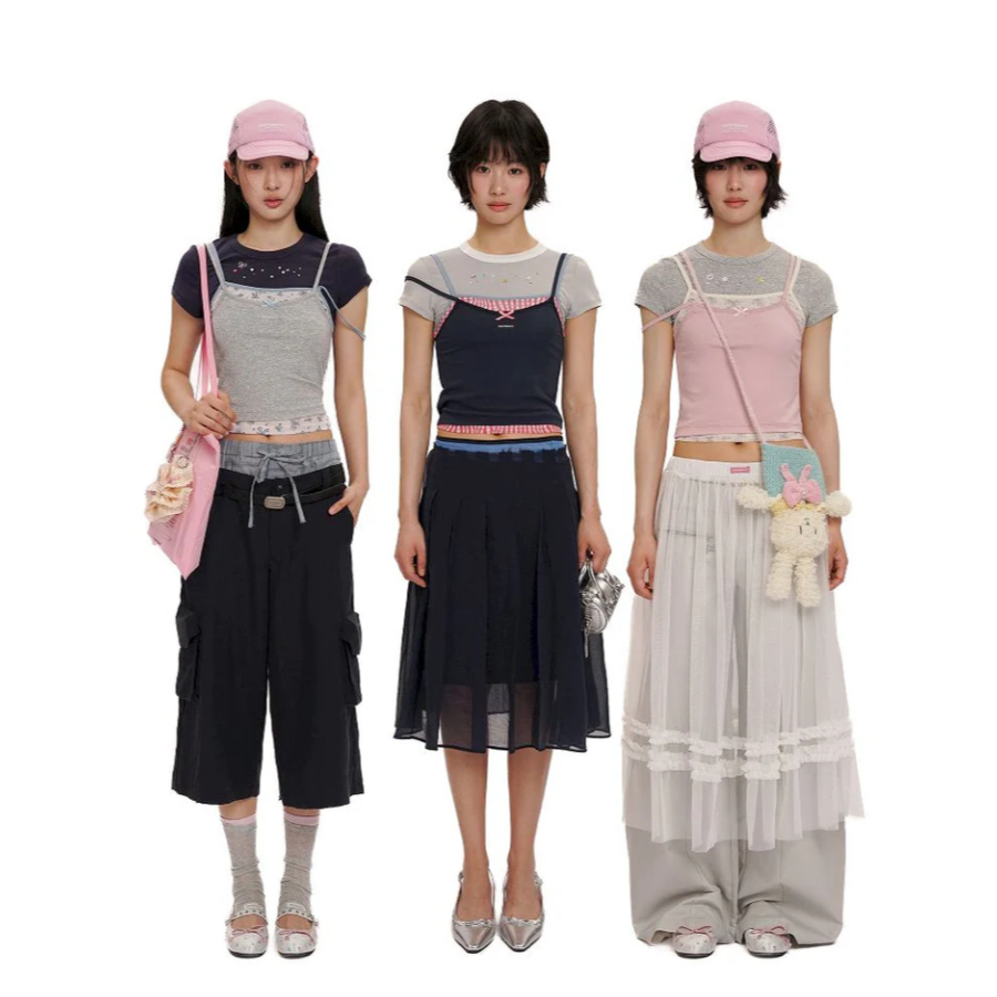 Lace satin bow short-sleeved T-shirt navy - Moromoro