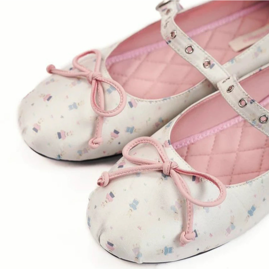 Rabbit print ballet shoes pearl white - Moromoro