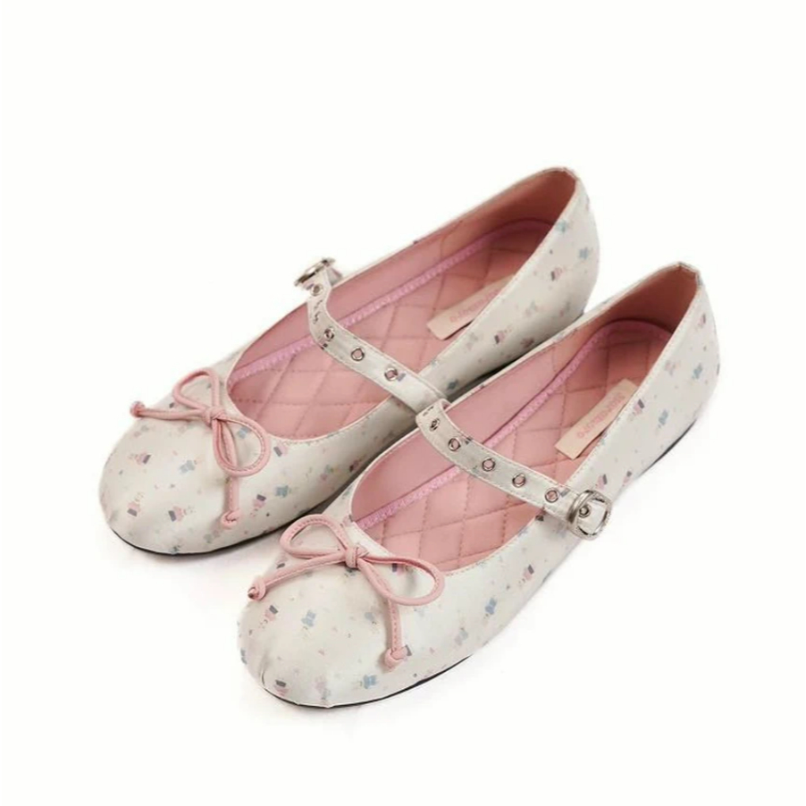 Rabbit print ballet shoes pearl white - Moromoro