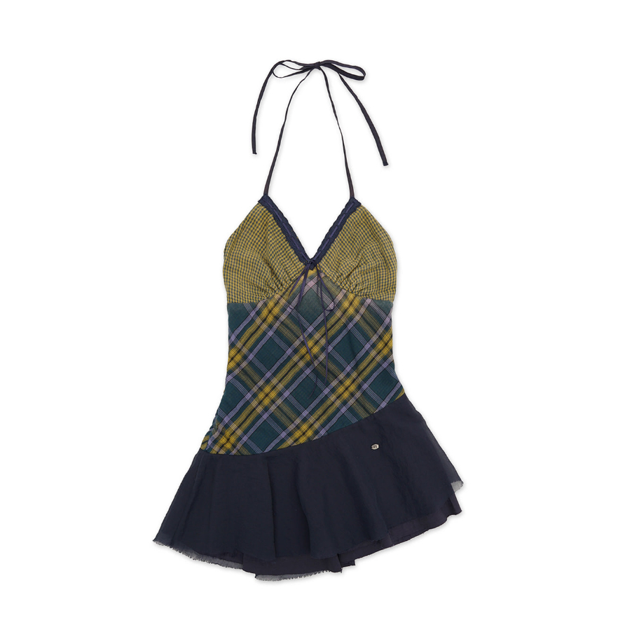 Check Ribbon Strap Embroidery Dress - Moromoro