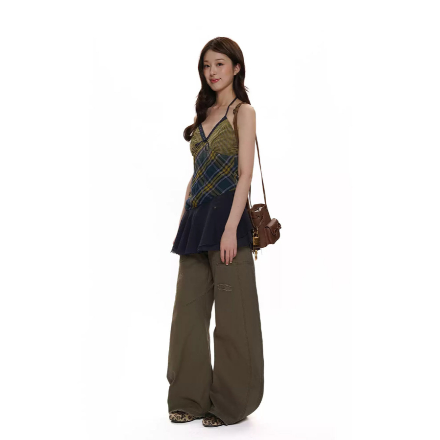 Check Ribbon Strap Embroidery Dress - Moromoro