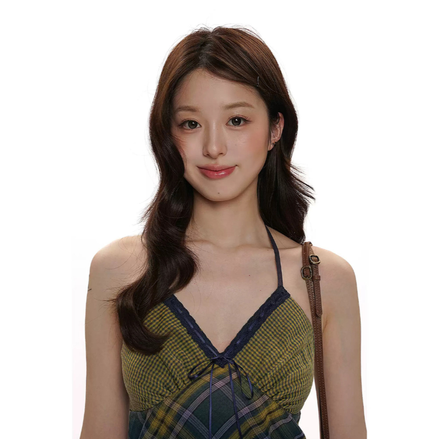 Check Ribbon Strap Embroidery Dress - Moromoro