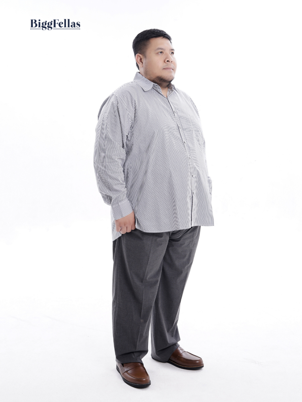 BIGG FELLAS Stripe Shirt White Black Kemeja Lengan Panjang Pria Jumbo Big Size