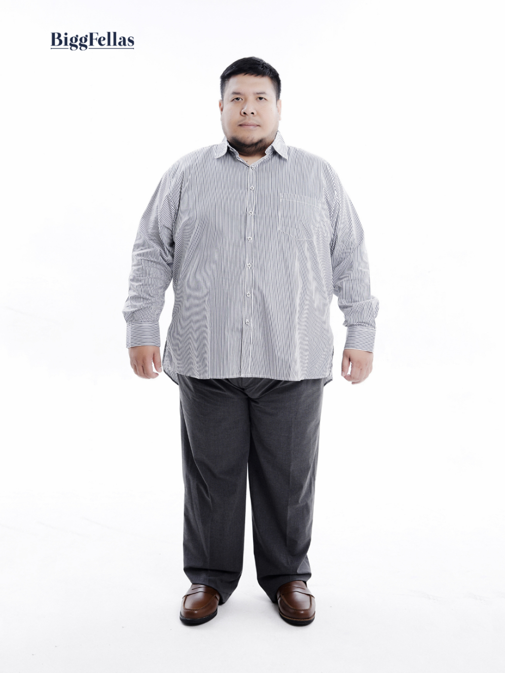 BIGG FELLAS Stripe Shirt White Black Kemeja Lengan Panjang Pria Jumbo Big Size