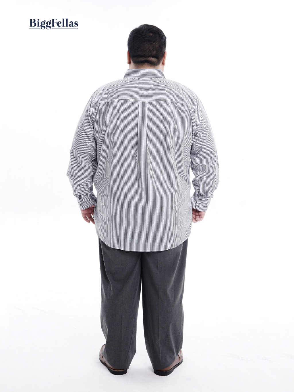 BIGG FELLAS Stripe Shirt White Black Kemeja Lengan Panjang Pria Jumbo Big Size