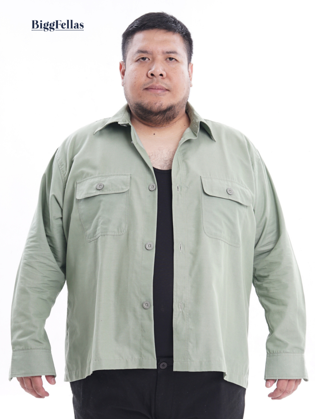 BIGG FELLAS Essential Outer Sage Green Kemeja Luaran Pria Jumbo Big Size