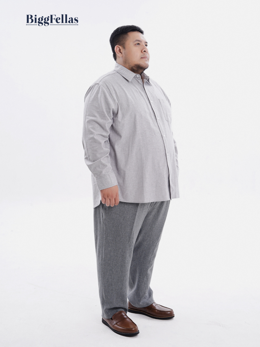 BIGG FELLAS Premium Oxford Light Grey Kemeja Lengan Panjang Jumbo Pria Big Size