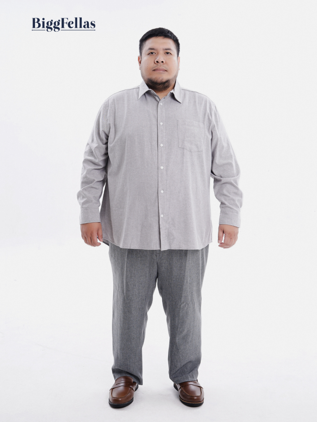 BIGG FELLAS Premium Oxford Light Grey Kemeja Lengan Panjang Jumbo Pria Big Size