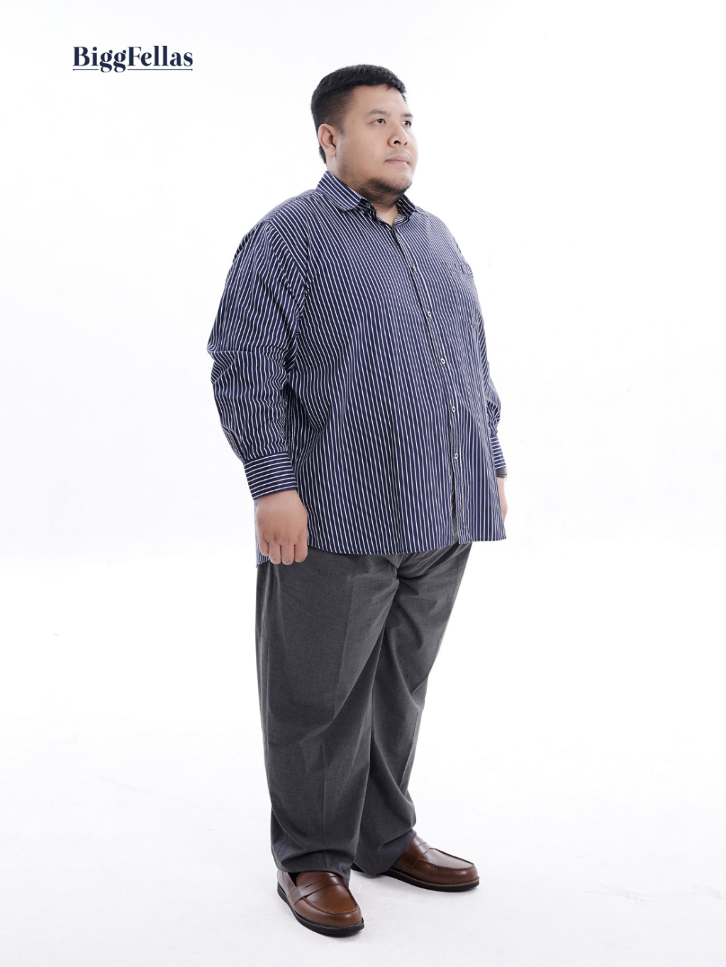 BIGG FELLAS Stripe Shirt Navy Kemeja Lengan Panjang Pria Jumbo Big Size