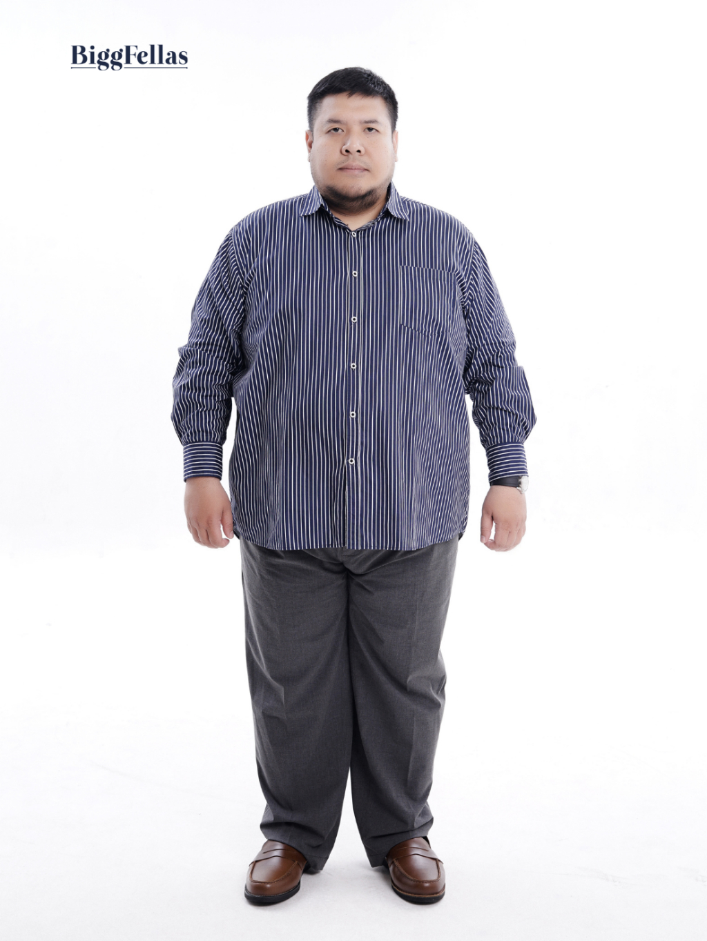 BIGG FELLAS Stripe Shirt Navy Kemeja Lengan Panjang Pria Jumbo Big Size