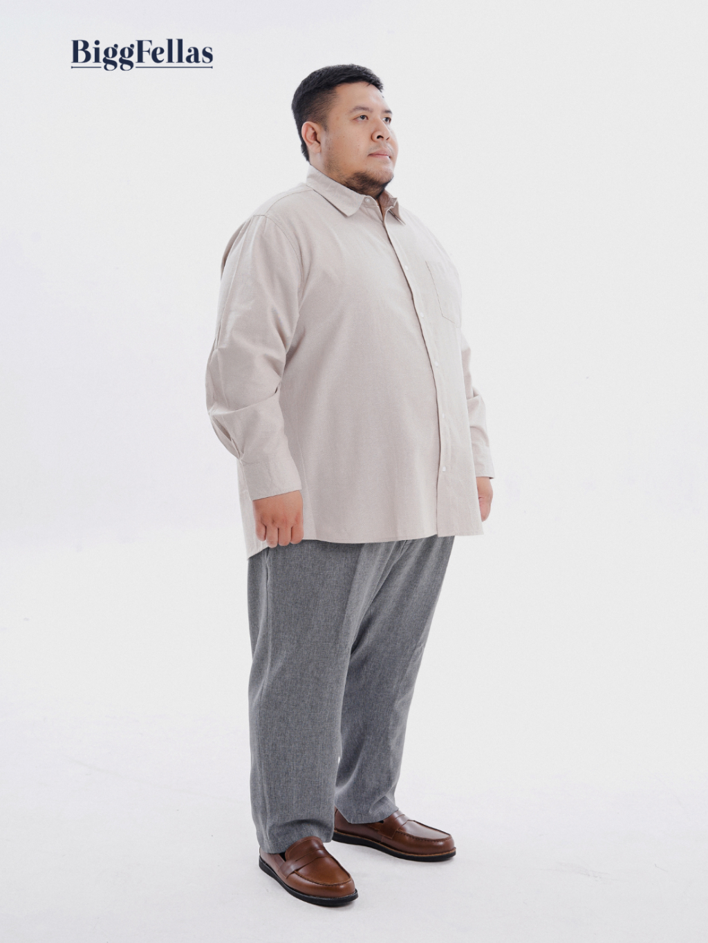 BIGG FELLAS Premium Oxford Beige Kemeja Lengan Panjang Jumbo Pria Big Size