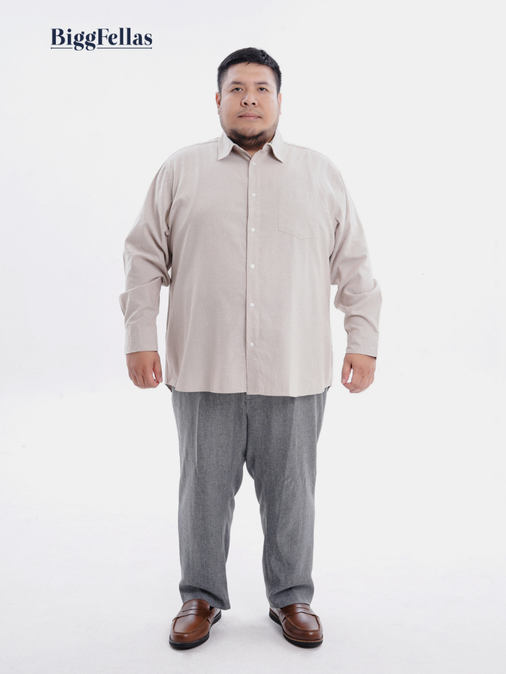 BIGG FELLAS Premium Oxford Beige Kemeja Lengan Panjang Jumbo Pria Big Size