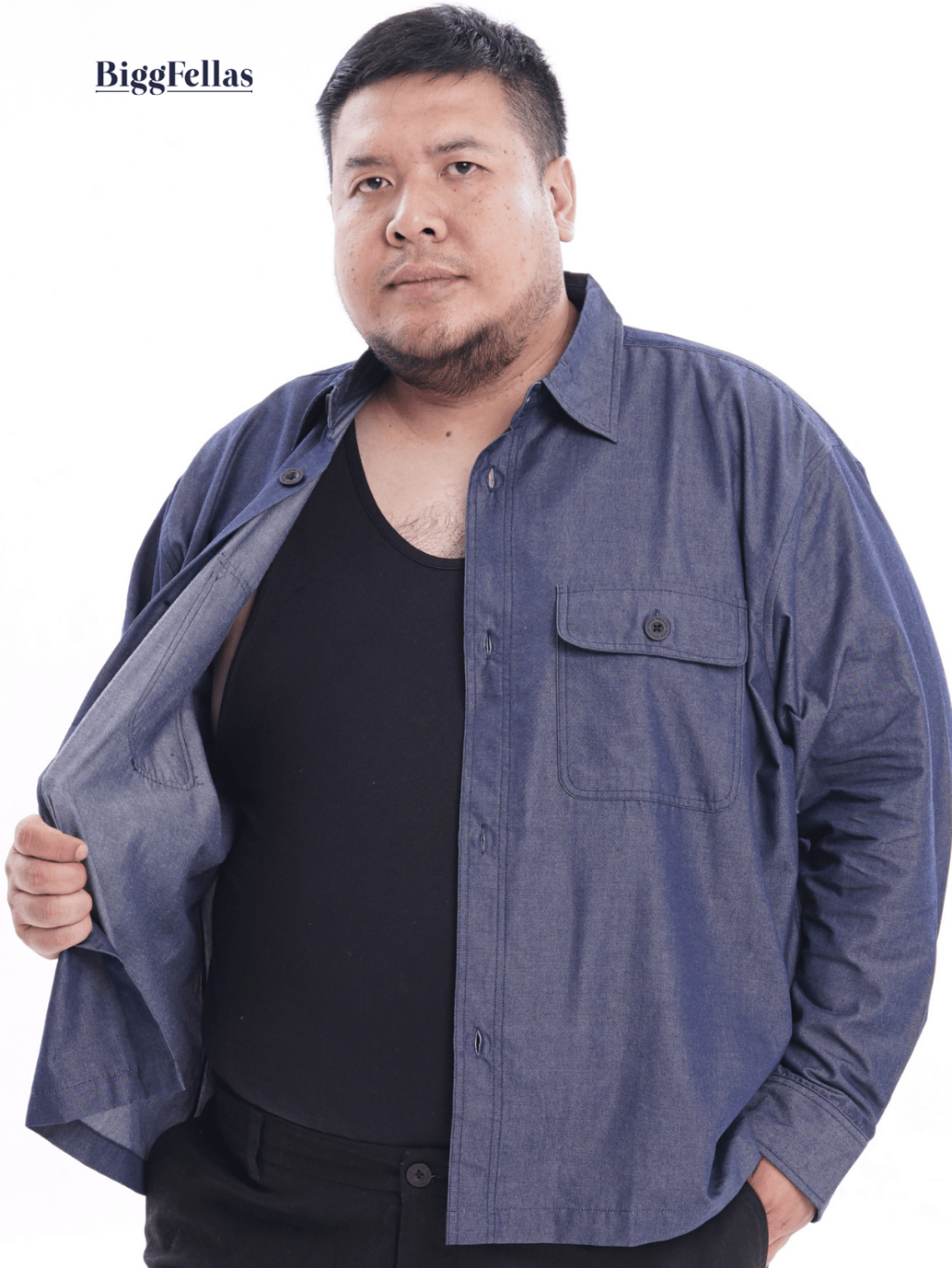 BIGG FELLAS Essential Outer Blue Denim Kemeja Luaran Pria Jumbo Big Size