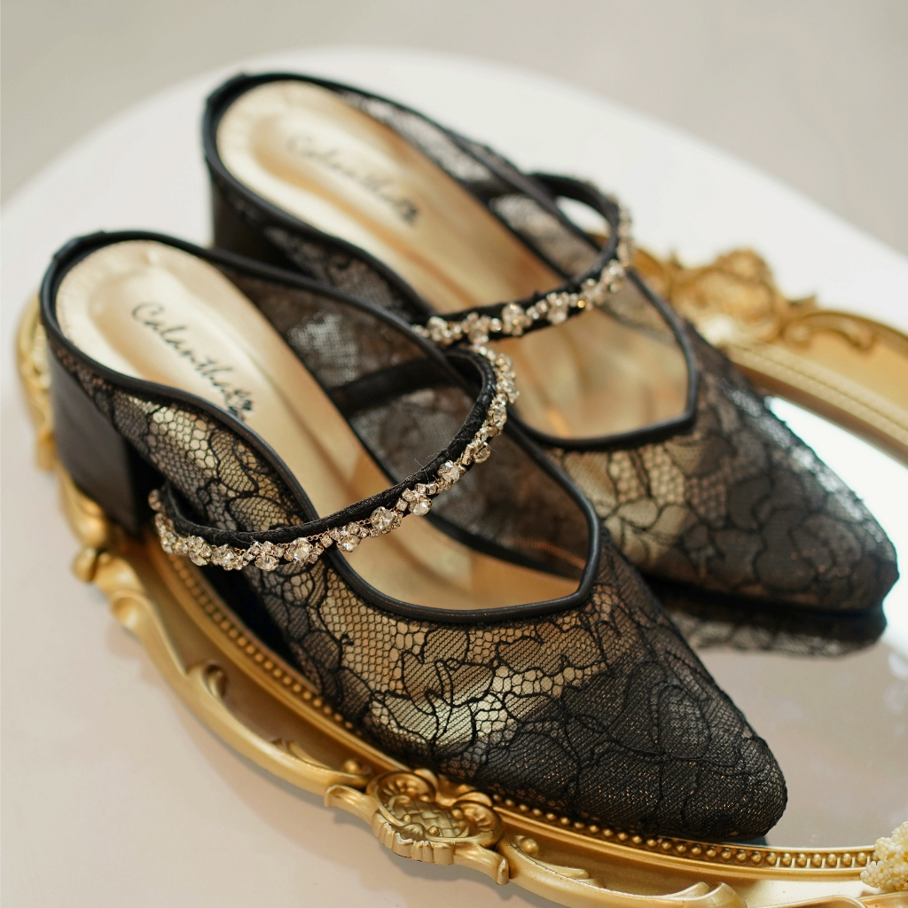 Deu_Calantha Sepatu Pesta Wanita Wedding Shoes Selop Payet Larisa Heels 5 Cm Slop Kain Brokat Mewah Hak Tebal Kulit Sintesis Insole Empuk Kuat Dan Nyaman Dipakai