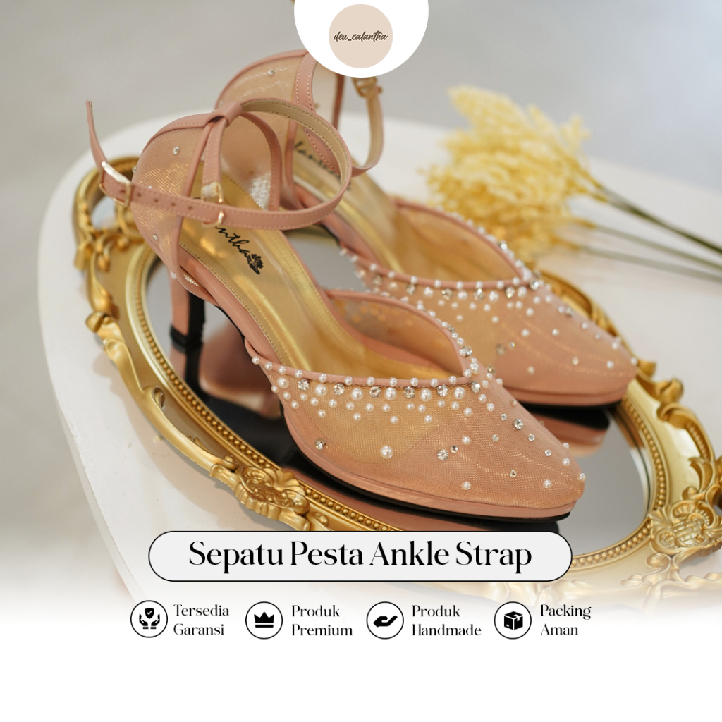 Deu_Calantha Sepatu Pesta Wanita Wedding Shoes Selop Ankle Strap Leona Heels 8 Cm Platform 1 Cm Slop Kain Brokat Mewah Hak Tebal Kulit Sintesis Insole Empuk Kuat Dan Nyaman Dipakai