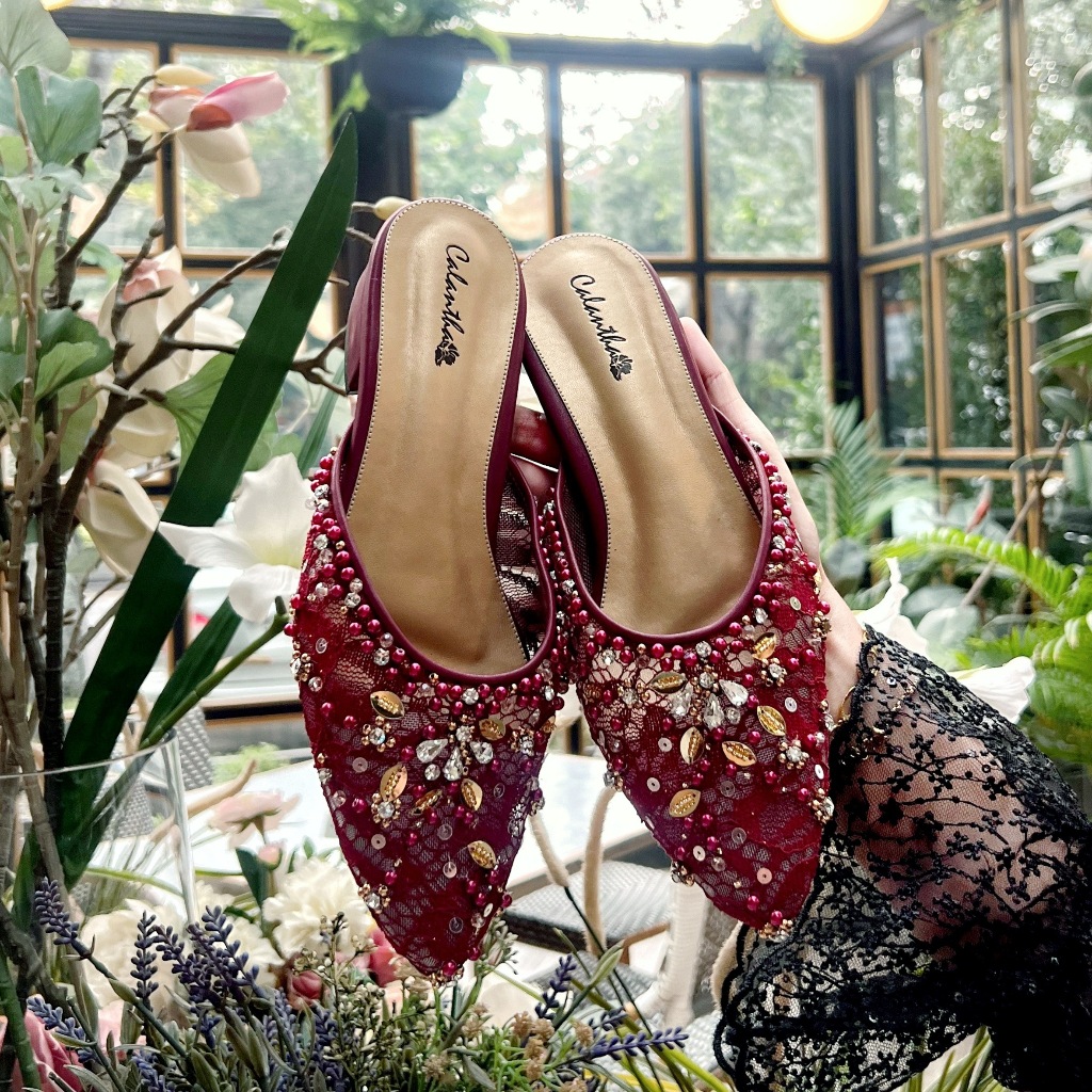 Deu_Calantha Sepatu Pesta Wanita Wedding Selop Payet Amecia Heels 3 Cm Kain Brokat Hak Tebal Kulit Sintesis Insole Empuk