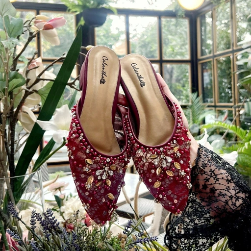 Image of Deu_Calantha Sepatu Pesta Wanita Wedding Selop Payet Amecia Heels 3 Cm Kain Brokat Hak Tebal Kulit Sintesis Insole Empuk
