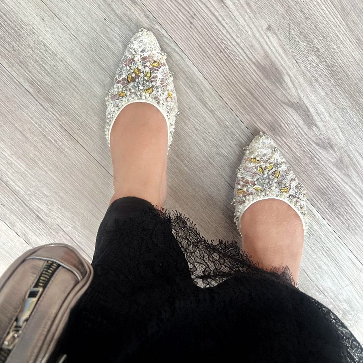 Deu_Calantha Sepatu Pesta Wanita Wedding Selop Payet Amecia Heels 3 Cm Kain Brokat Hak Tebal Kulit Sintesis Insole Empuk