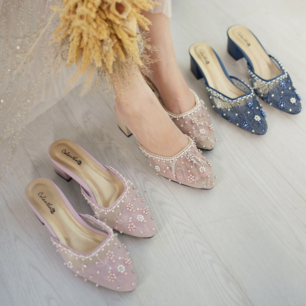 Deu_Calantha Sepatu Pesta Wanita Wedding Shoes Selop Payet Arabelle Heels 5 Cm Slop Kain Brokat Mewah Hak Tebal Kulit Sintesis Insole Empuk Kuat Dan Nyaman Dipakai