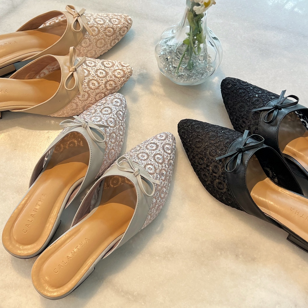 Deu_Calantha Sendal Harian Sepatu Pesta Wanita Wedding Selop Florence Heels 3 Cm Kain Brokat Hak Tebal Kulit Sintesis Insole Empuk