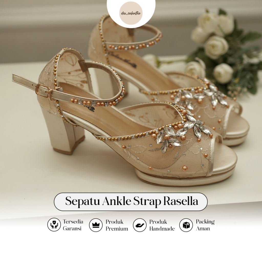 Deu_Calantha Sepatu Pesta Wanita Wedding Shoes Selop Ankle Strap Rasella Gold Heels 7 Cm Slop Kain Brokat Mewah Hak Tebal Kulit Sintesis Insole Empuk Kuat Dan Nyaman Dipakai
