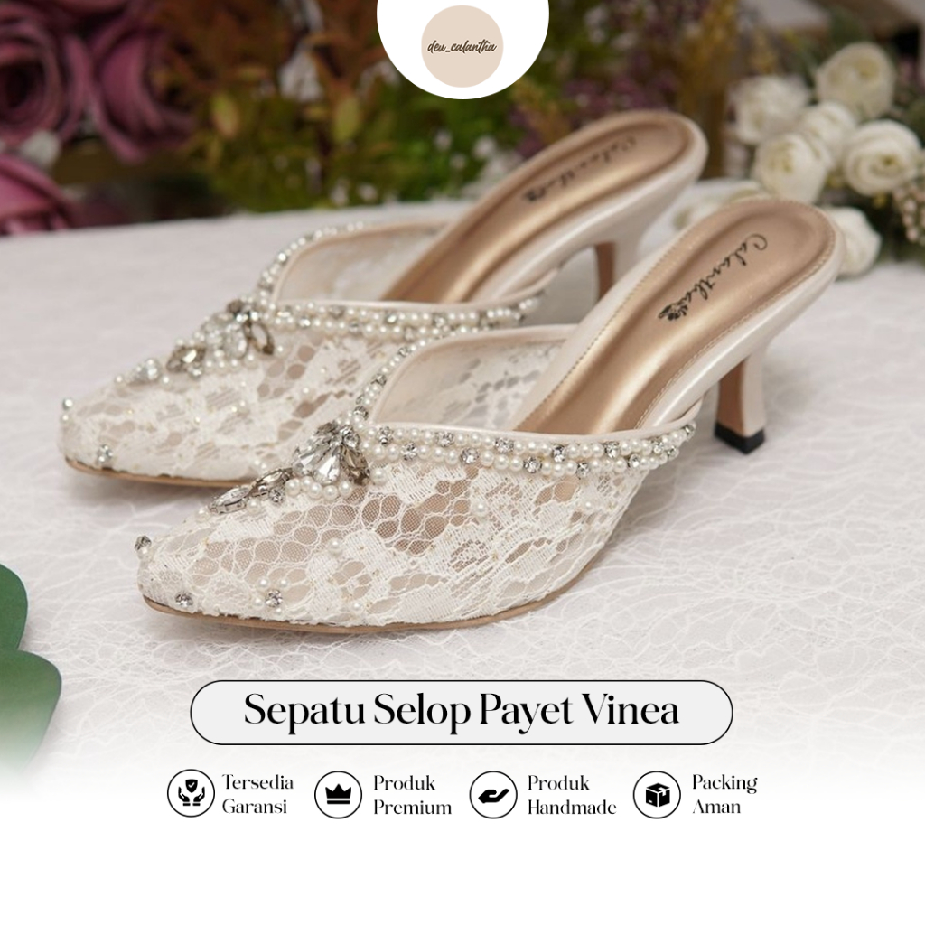 Deu_Calantha Sepatu Pesta Wanita Wedding Shoes Selop Payet Vinea White Heels 7 Cm Slop Kain Brokat Mewah Hak Tebal Kulit Sintesis Insole Empuk Kuat Dan Nyaman Dipakai
