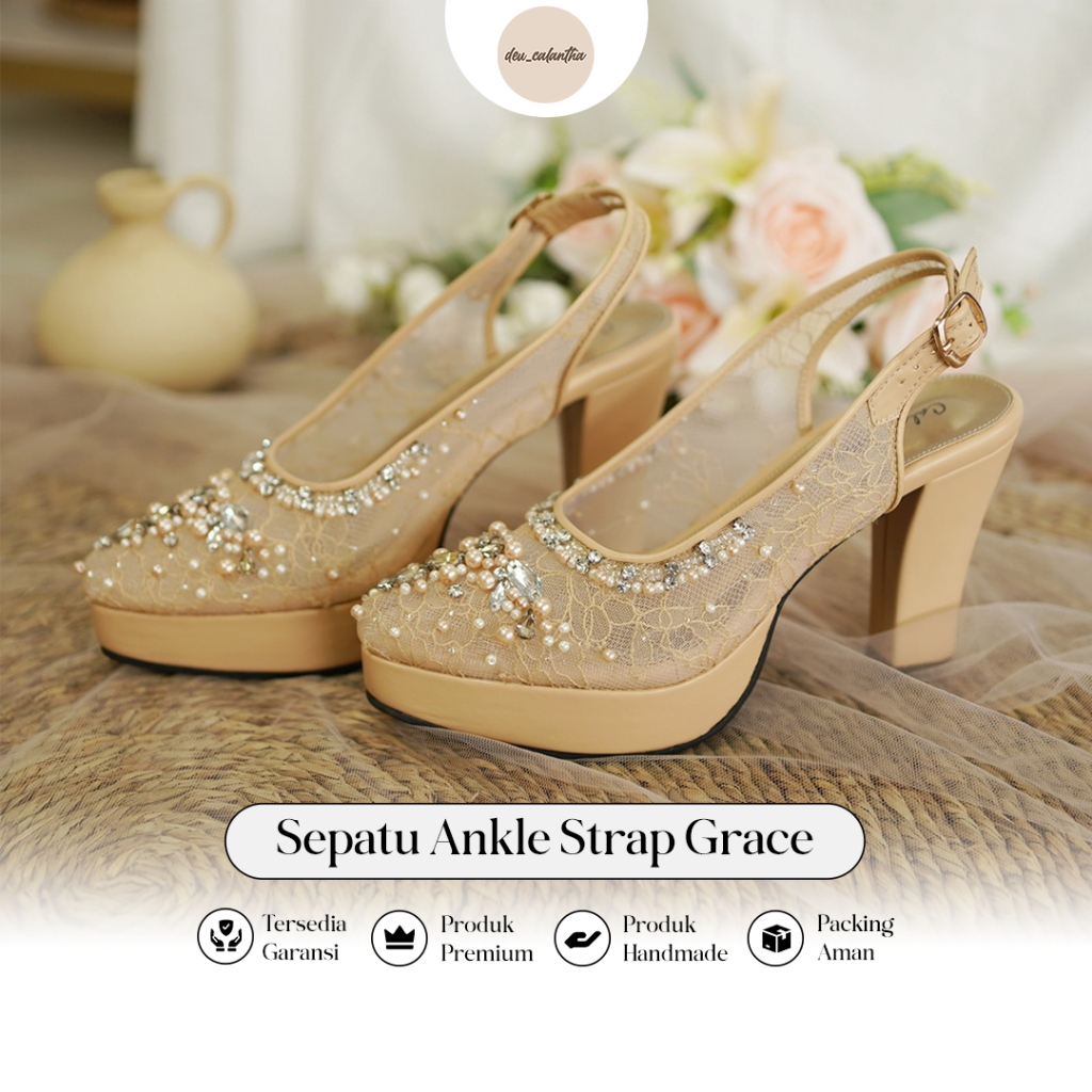 Deu_Calantha Sepatu Pesta Wanita Wedding Shoes Selop Ankle Strap Grace Nude Heels 10 Cm Slop Kain Brokat Mewah Hak Tebal Kulit Sintesis Insole Empuk Kuat Dan Nyaman Dipakai