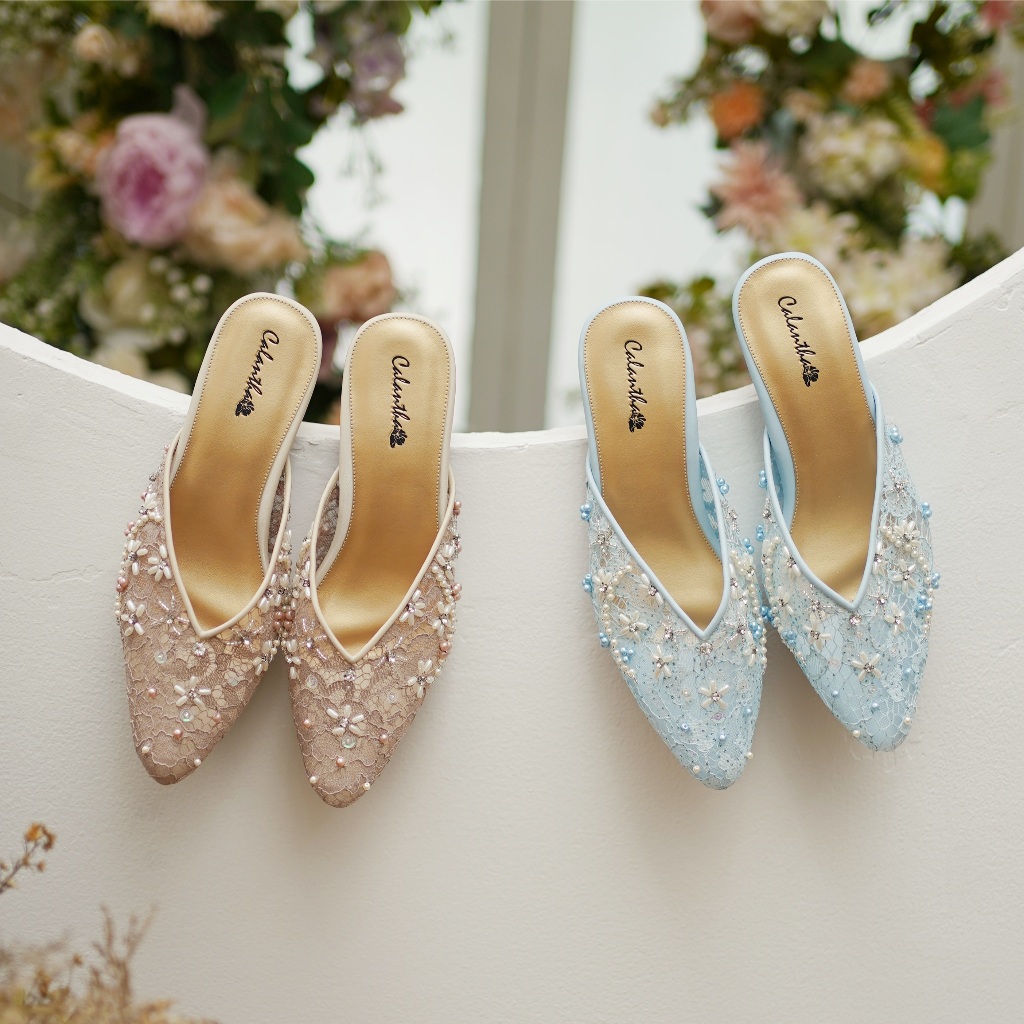 Deu_Calantha Sepatu Pesta Wanita Wedding Selop Payet Grasella Heels Blok 7 Cm Bahan Kain Brokat