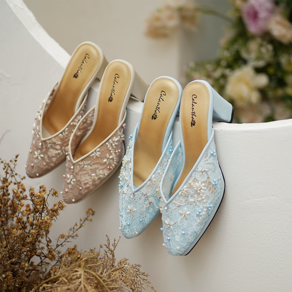 Deu_Calantha Sepatu Pesta Wanita Wedding Selop Payet Grasella Heels Blok 7 Cm Bahan Kain Brokat